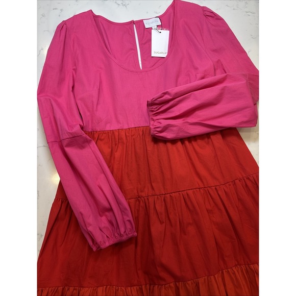 Sugarlips Dresses & Skirts - SugarLips In A Heartbeat Color Block Dress Tiered Ruffle Flare Pink Red‎ LG New